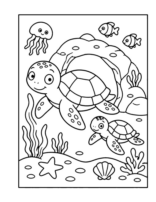 Coloring page of a mama sea turtle and her baby swimming past a rock arch