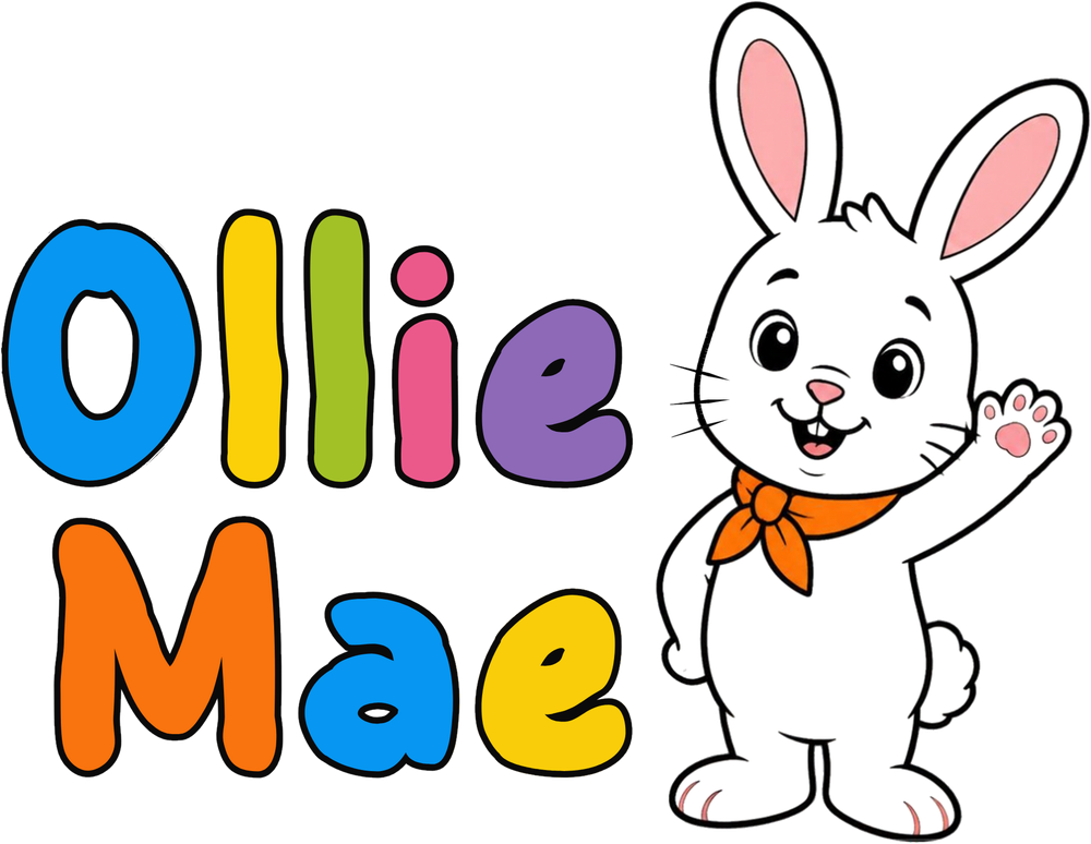 Ollie Mae, with a waving white bunny in an orange neckerchief
