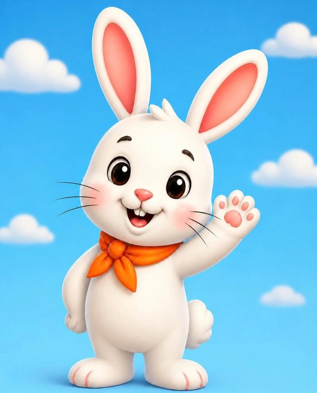 Ollie Mae the bunny, waving hello under a blue sky